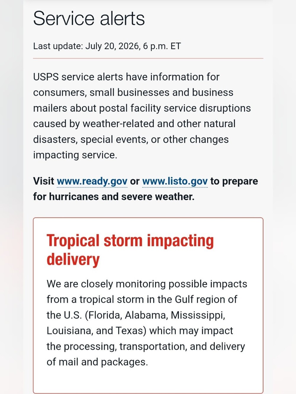 Current USPS Service Alerts - Storms, Floods, Fires, Power Outages